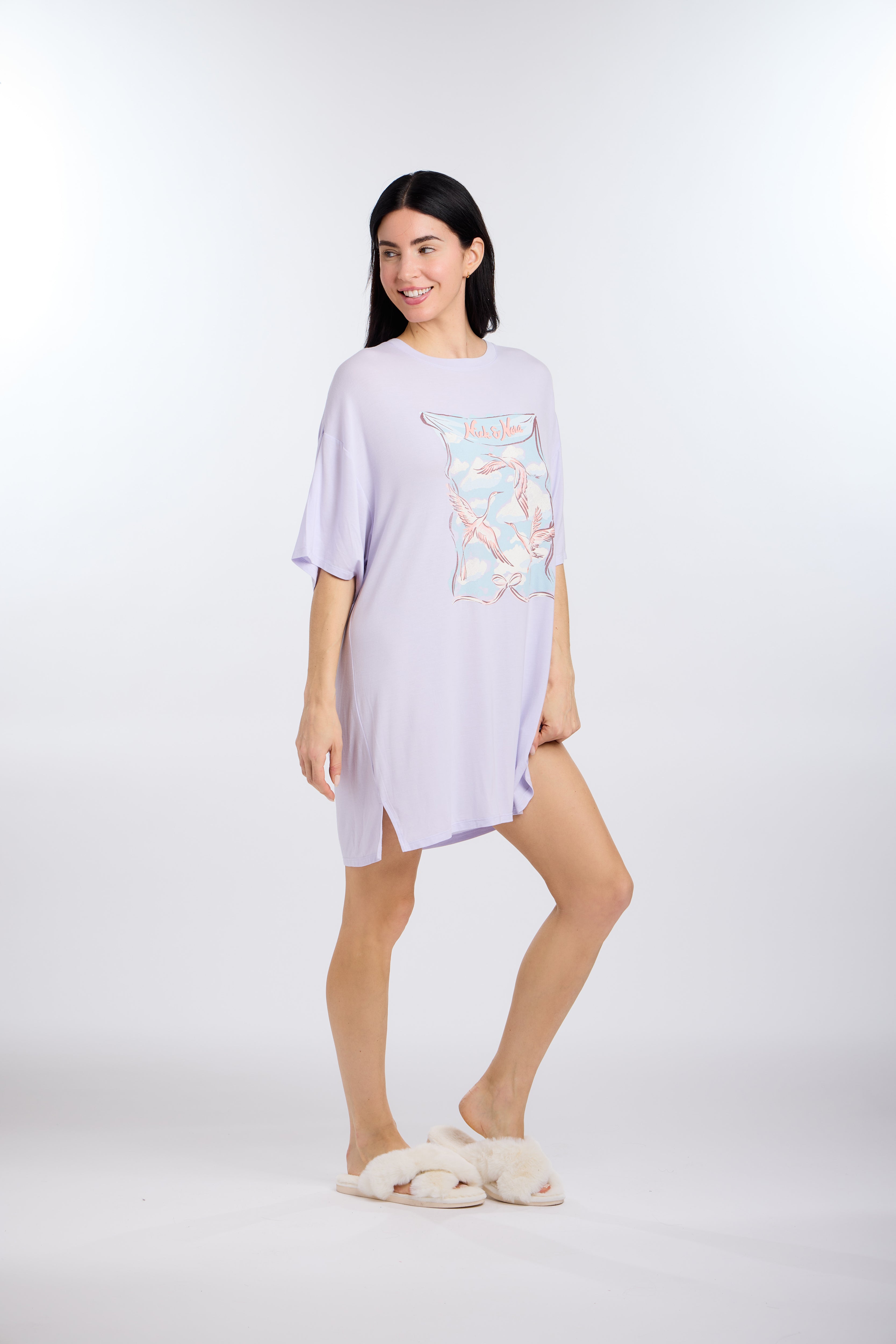 Model wearing Birds of a Feather Oversized Sleep Tee Shirt by Nick & Nora