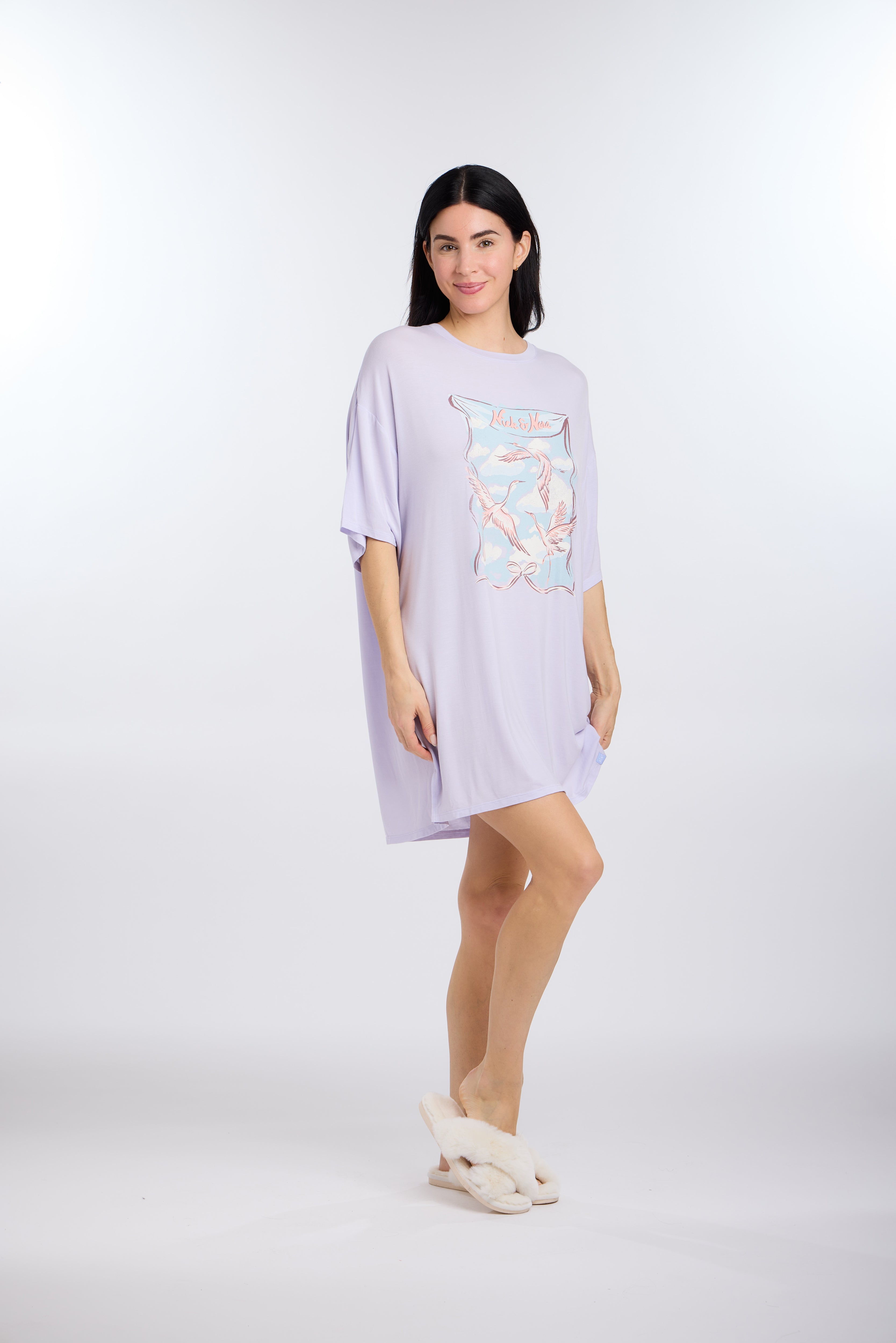 Model wearing Birds of a Feather Oversized Sleep Tee Shirt by Nick & Nora