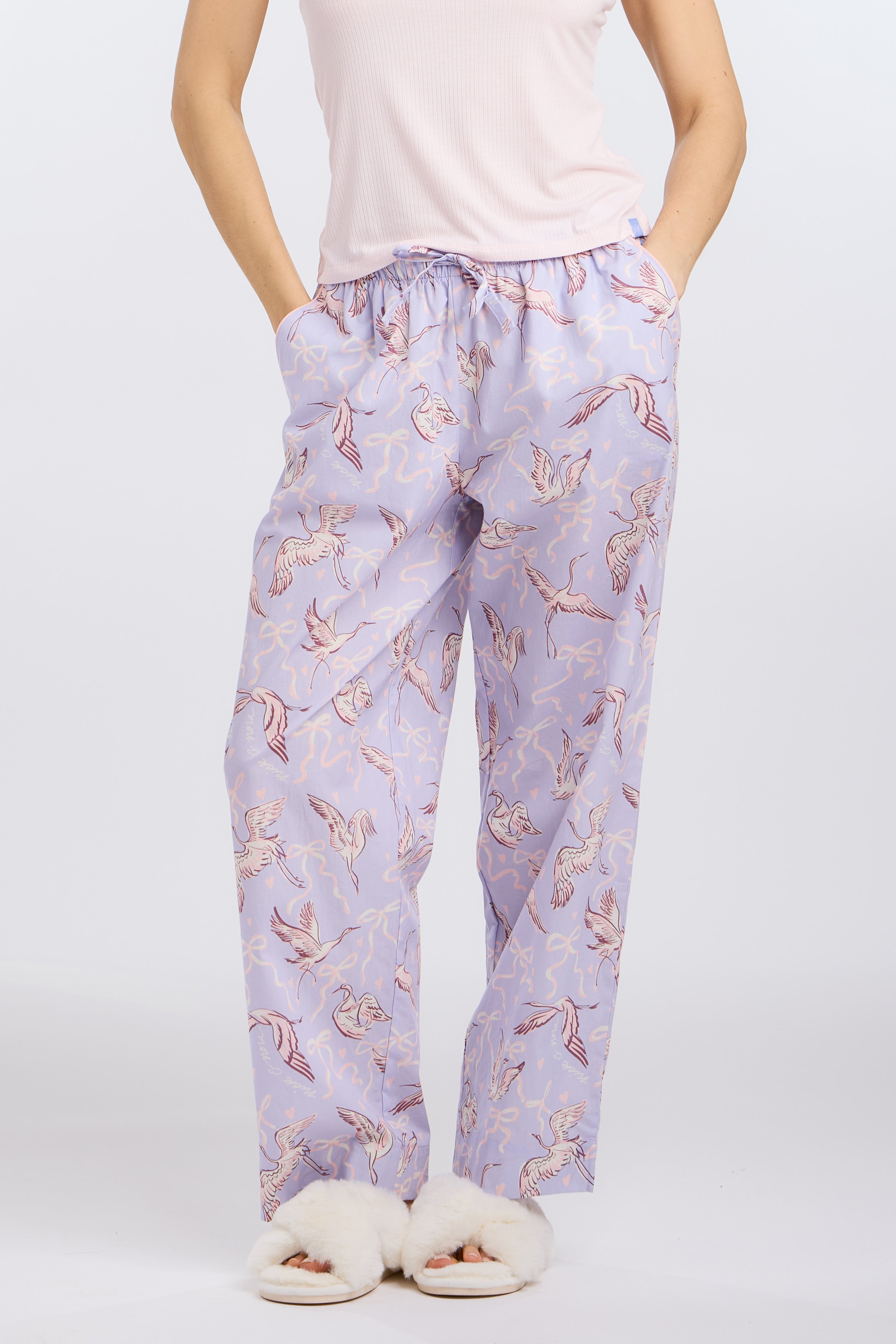 Front view of 100% Cotton Sleep Pajama Pants in Birds of a Feather Print by Nick & Nora
