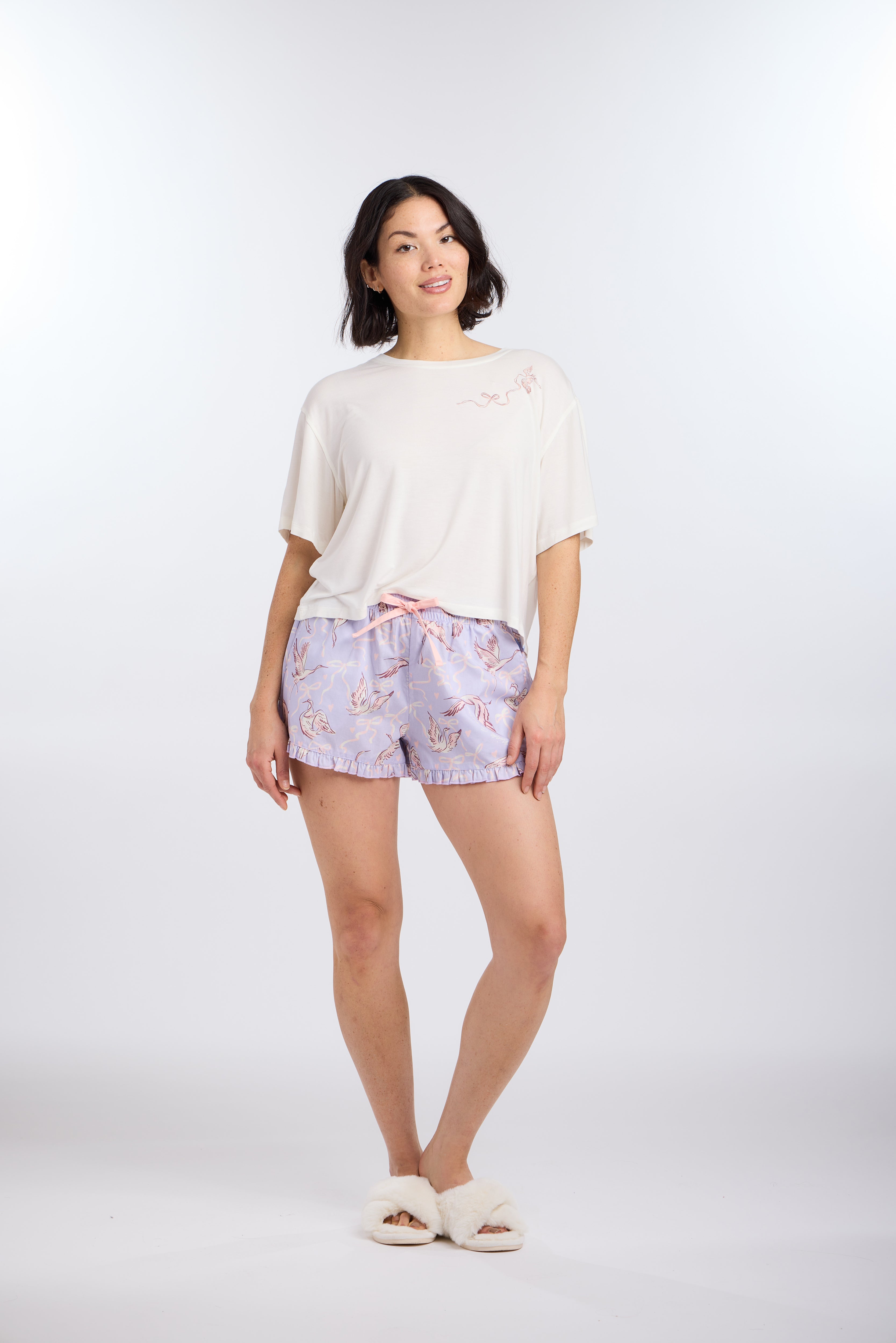Front view of 100% Cotton Sleep Pajama Shorts in Birds of a Feather Print by Nick & Nora