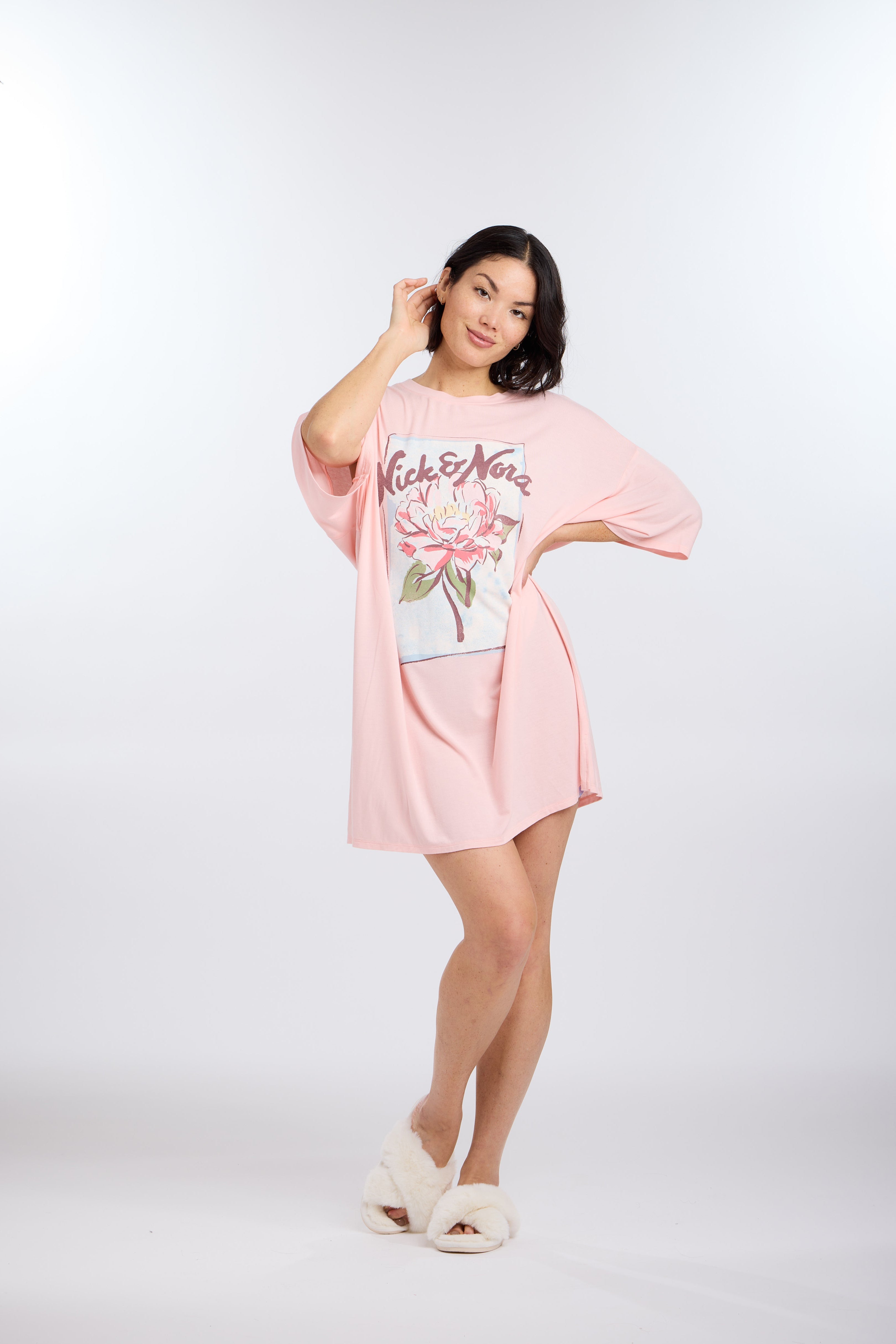 Model wearing Blossom Oversized Sleep Tee Shirt by Nick & Nora