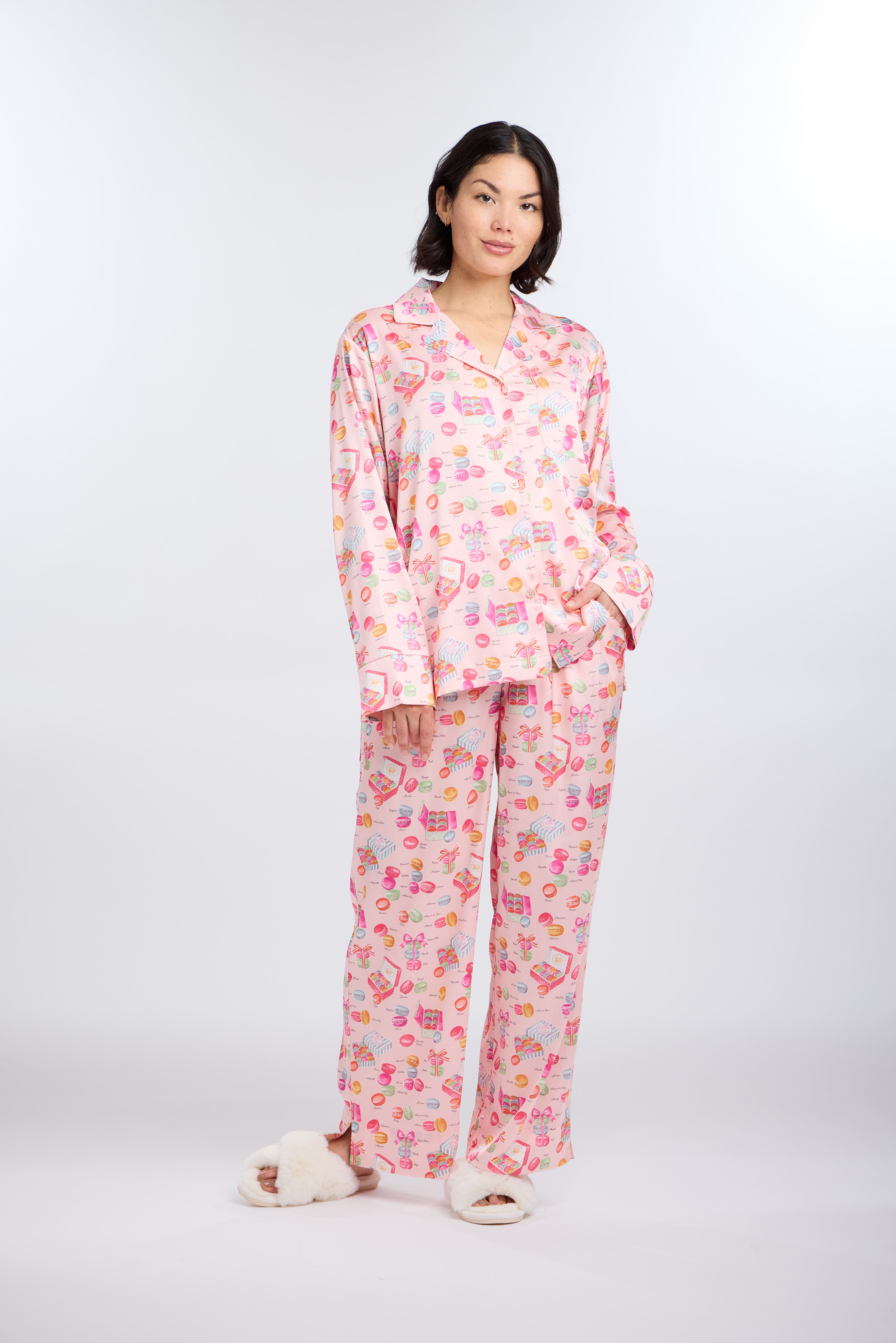 Model in long sleeve Classic Vintage Macarons Print Pajama Set by Nick & Nora