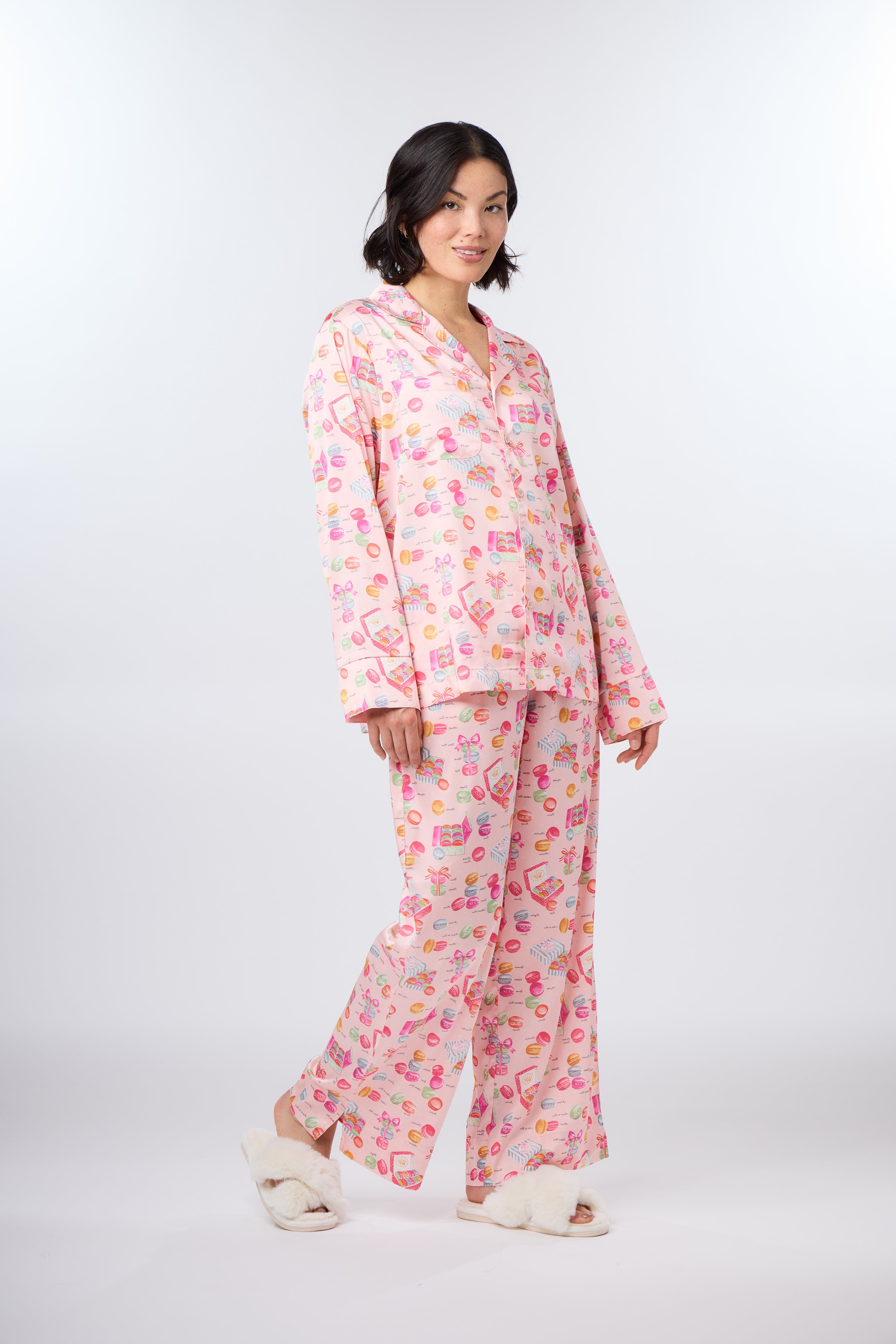 Model in long sleeve Classic Vintage Macarons Print Pajama Set by Nick & Nora