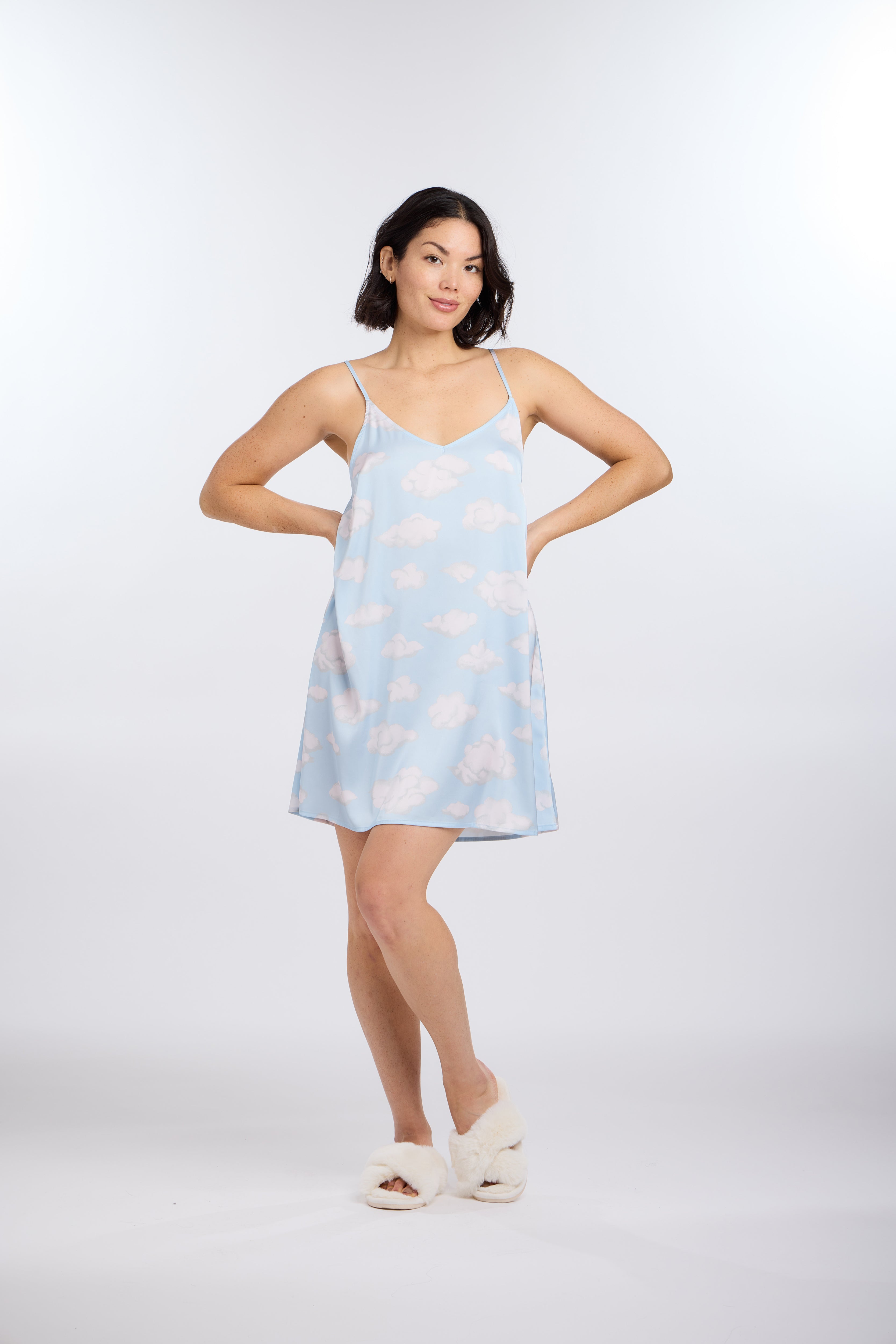 Woman wearing Cloud Nine chemise in front of white background