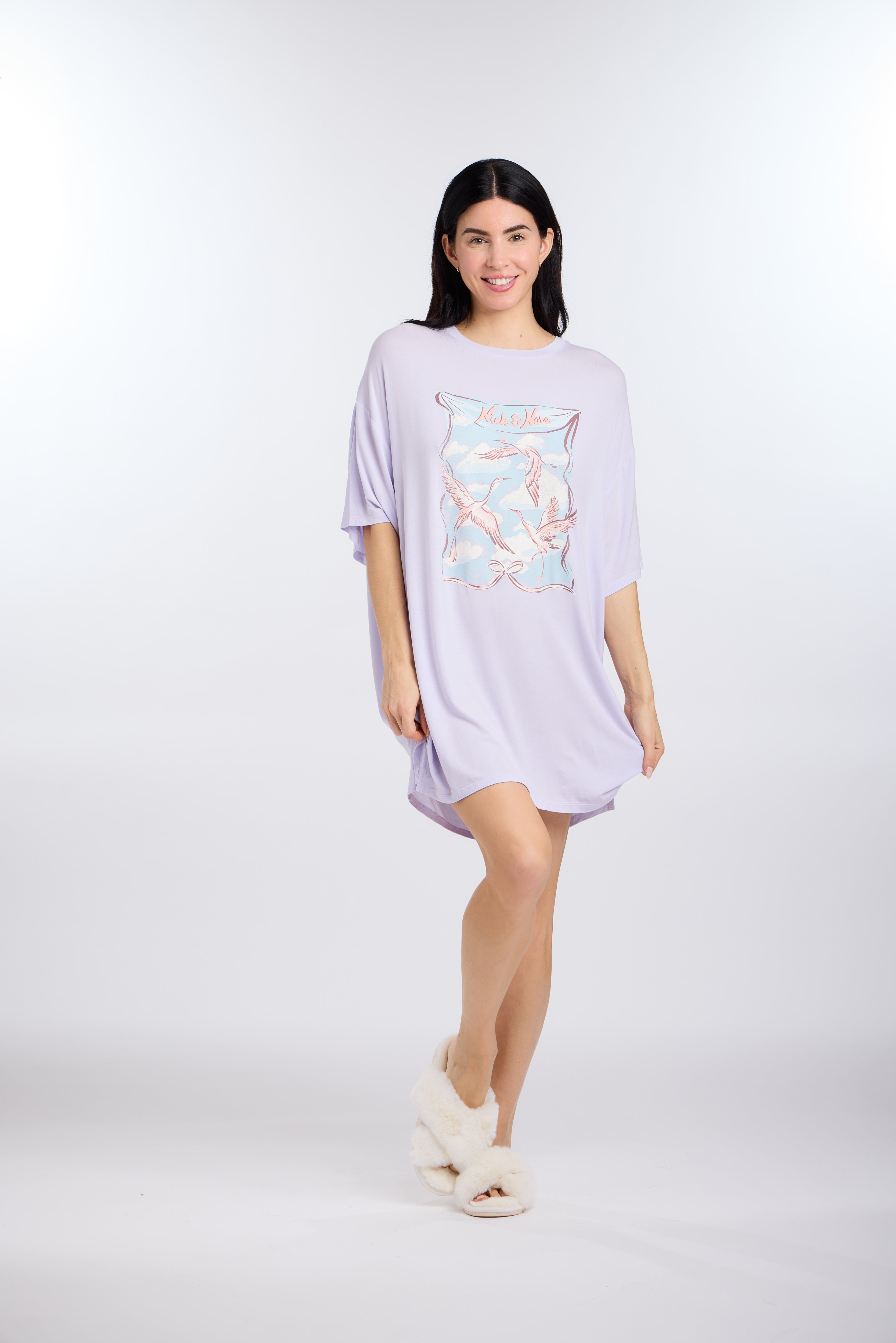 Model wearing Birds of a Feather Oversized Sleep Tee Shirt by Nick & Nora