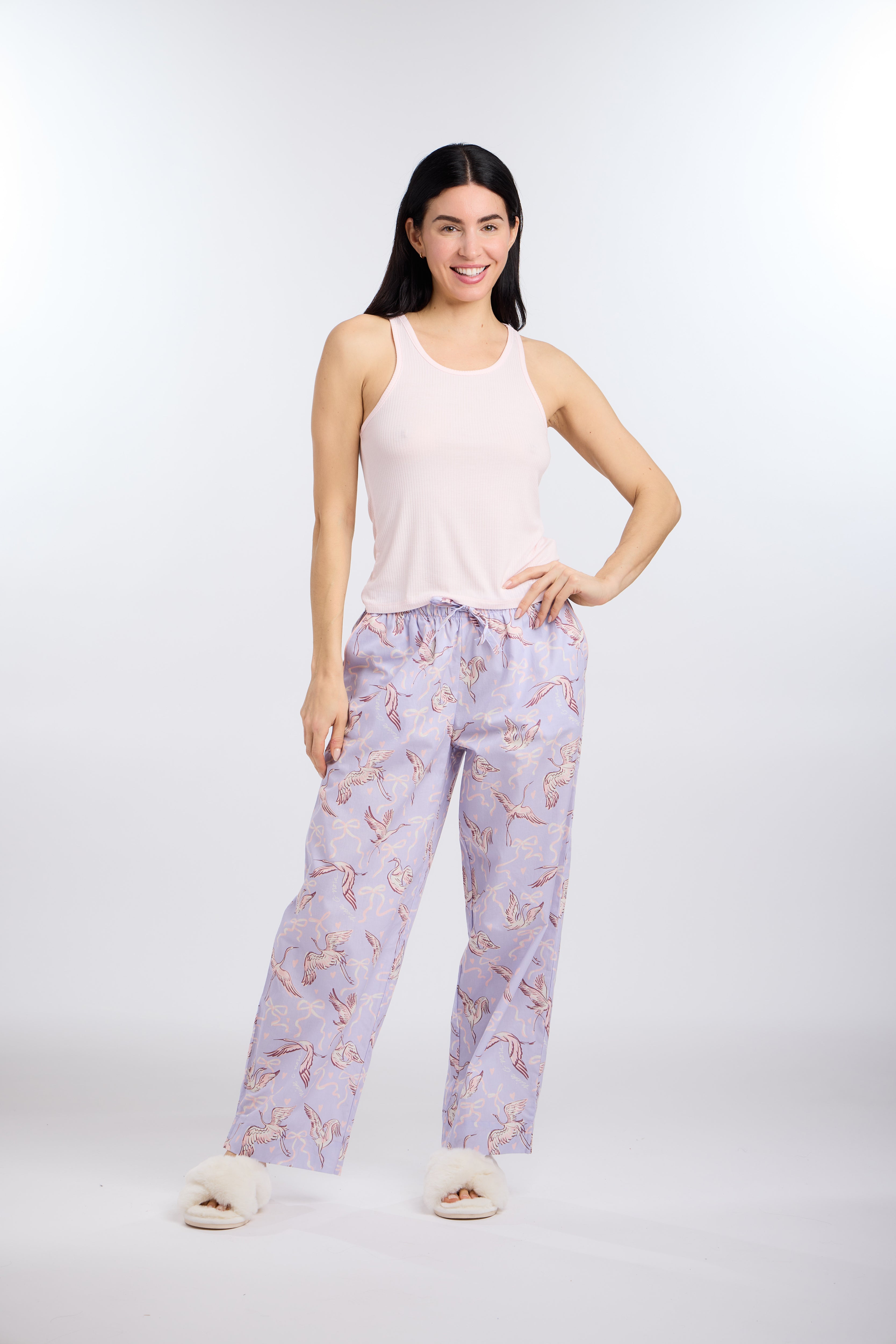 Front view of 100% Cotton Sleep  Pajama Pants in Birds of a Feather Print by Nick & Nora 