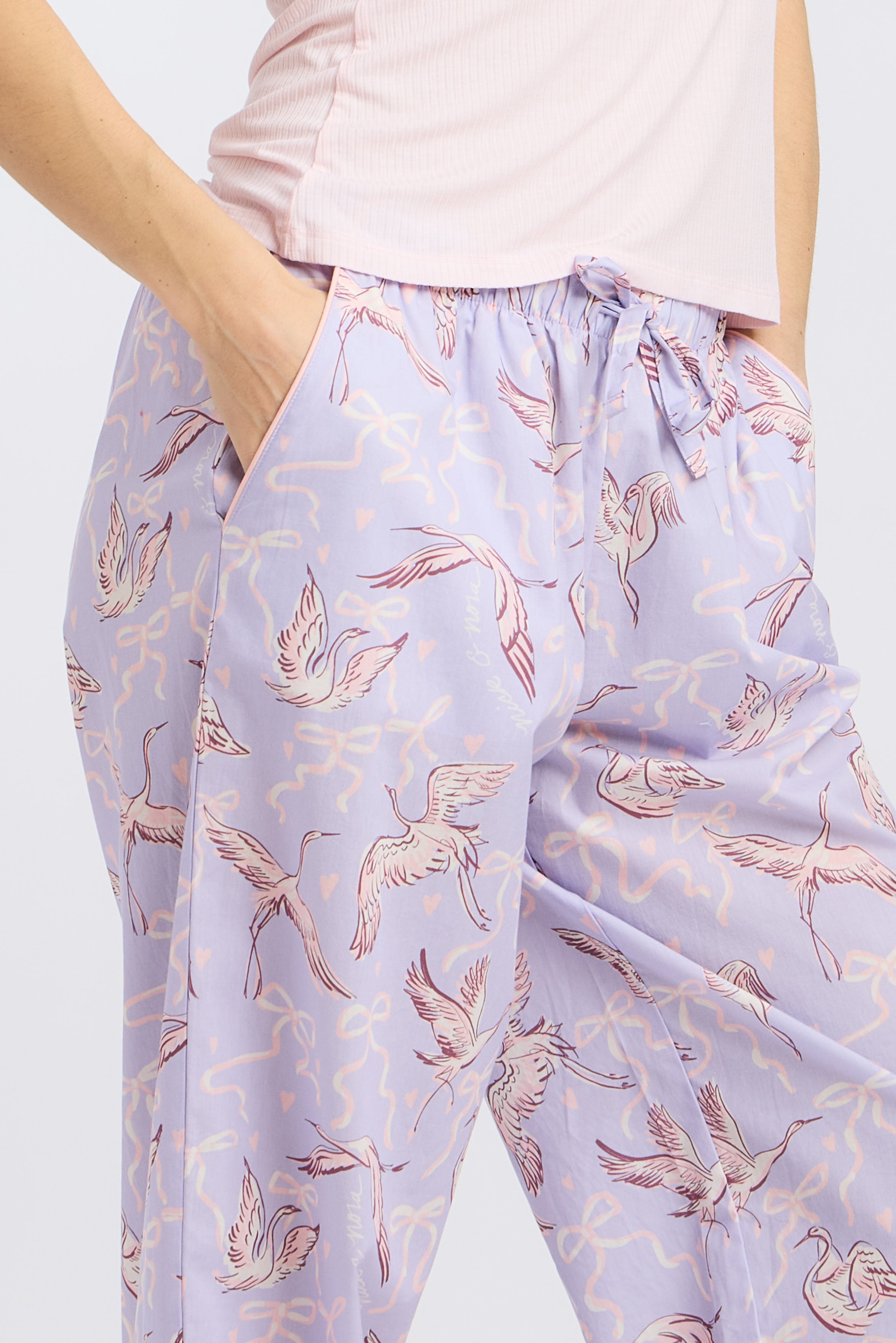 Side view of 100% Cotton Sleep  Pajama Pants in Birds of a Feather Print by Nick & Nora 
