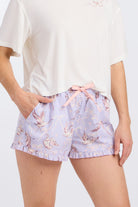 Side view of 100% Cotton Sleep Pajama Shorts in Birds of a Feather Print by Nick & Nora 