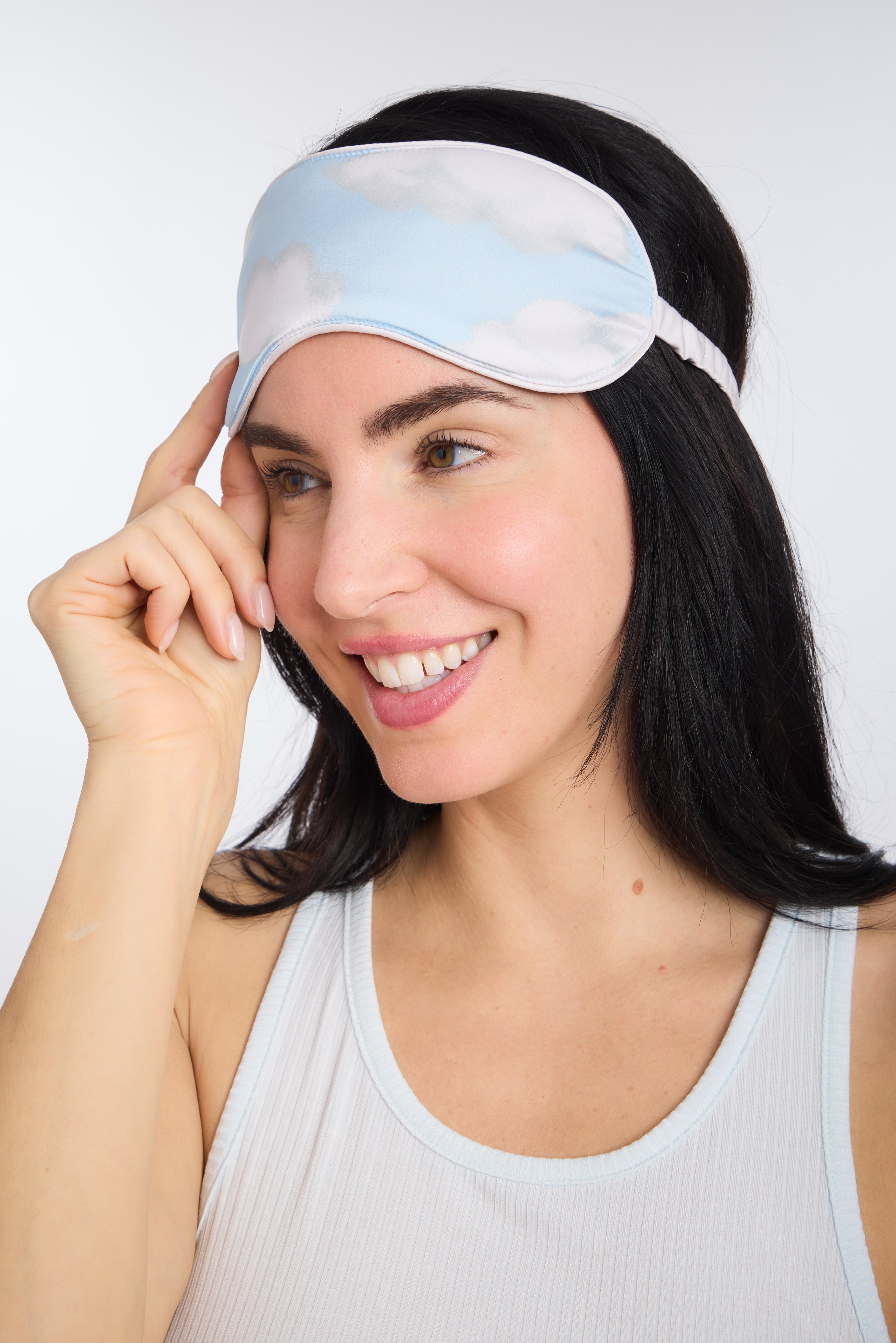 Model Wearing Satin Cloud Nine Print Sleep Eye Mask by Nick & Nora