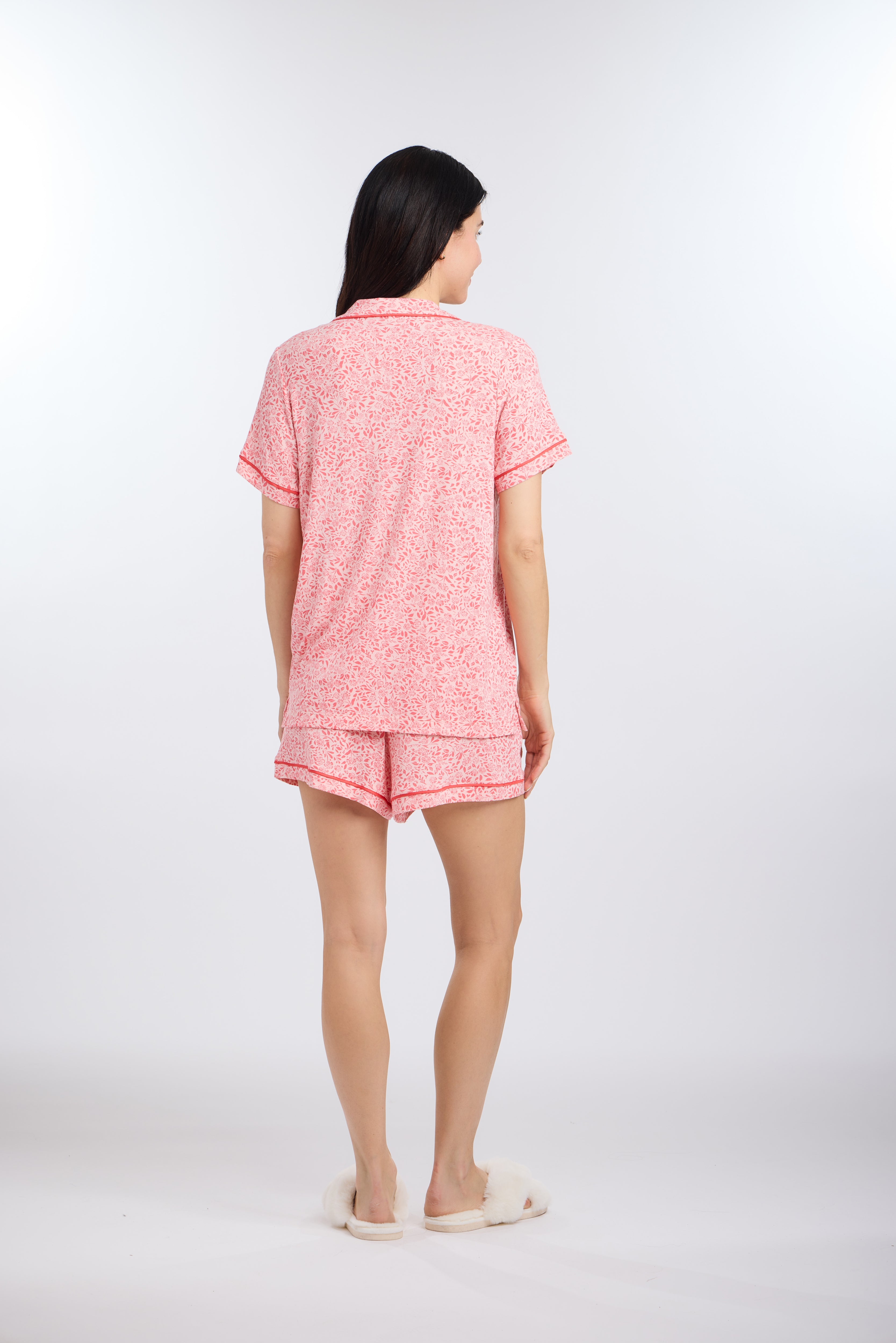 Model in short sleeve Ditsy Blossoms Pajama Set by Nick & Nora