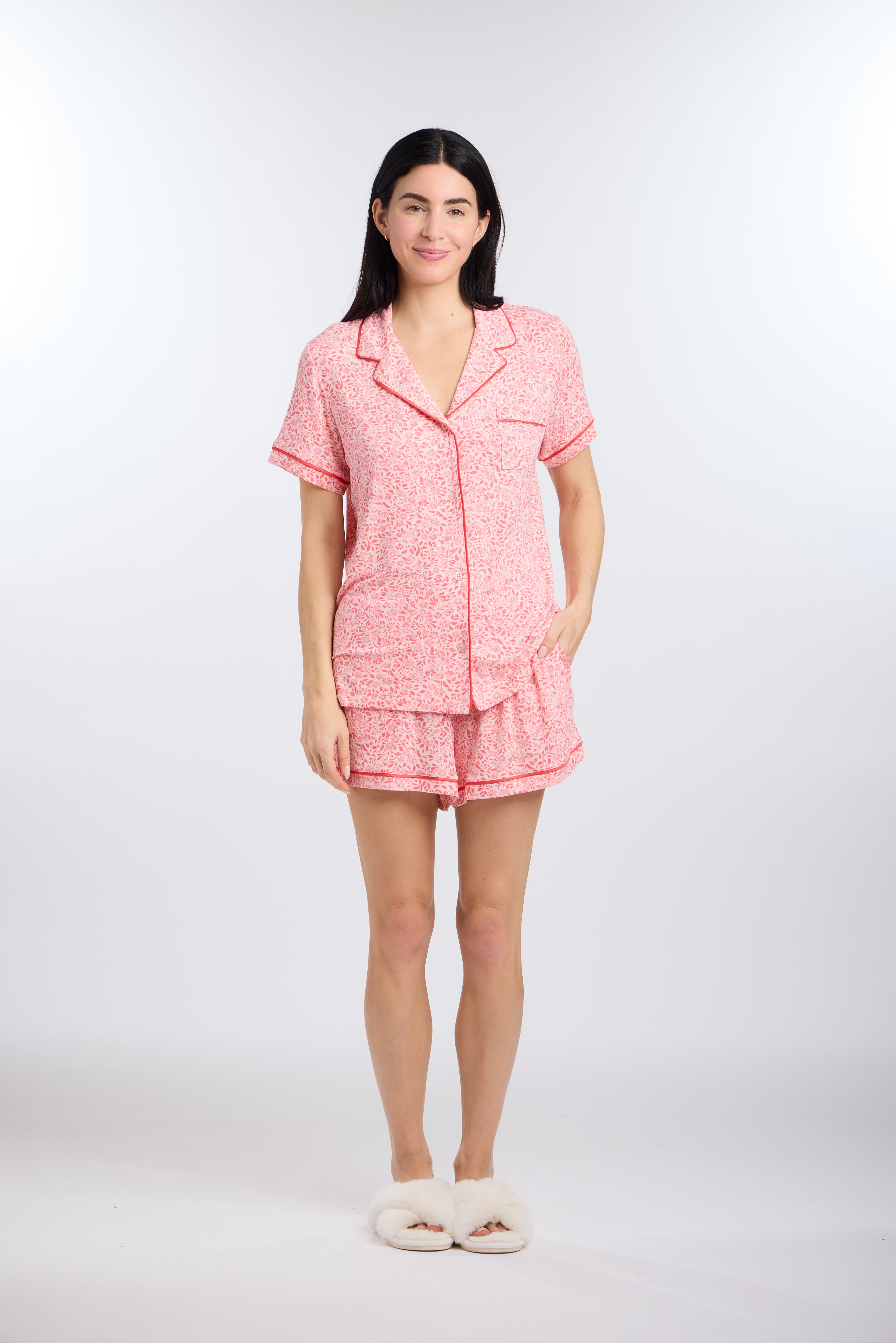 Model in short sleeve Ditsy Blossoms Pajama Set by Nick & Nora
