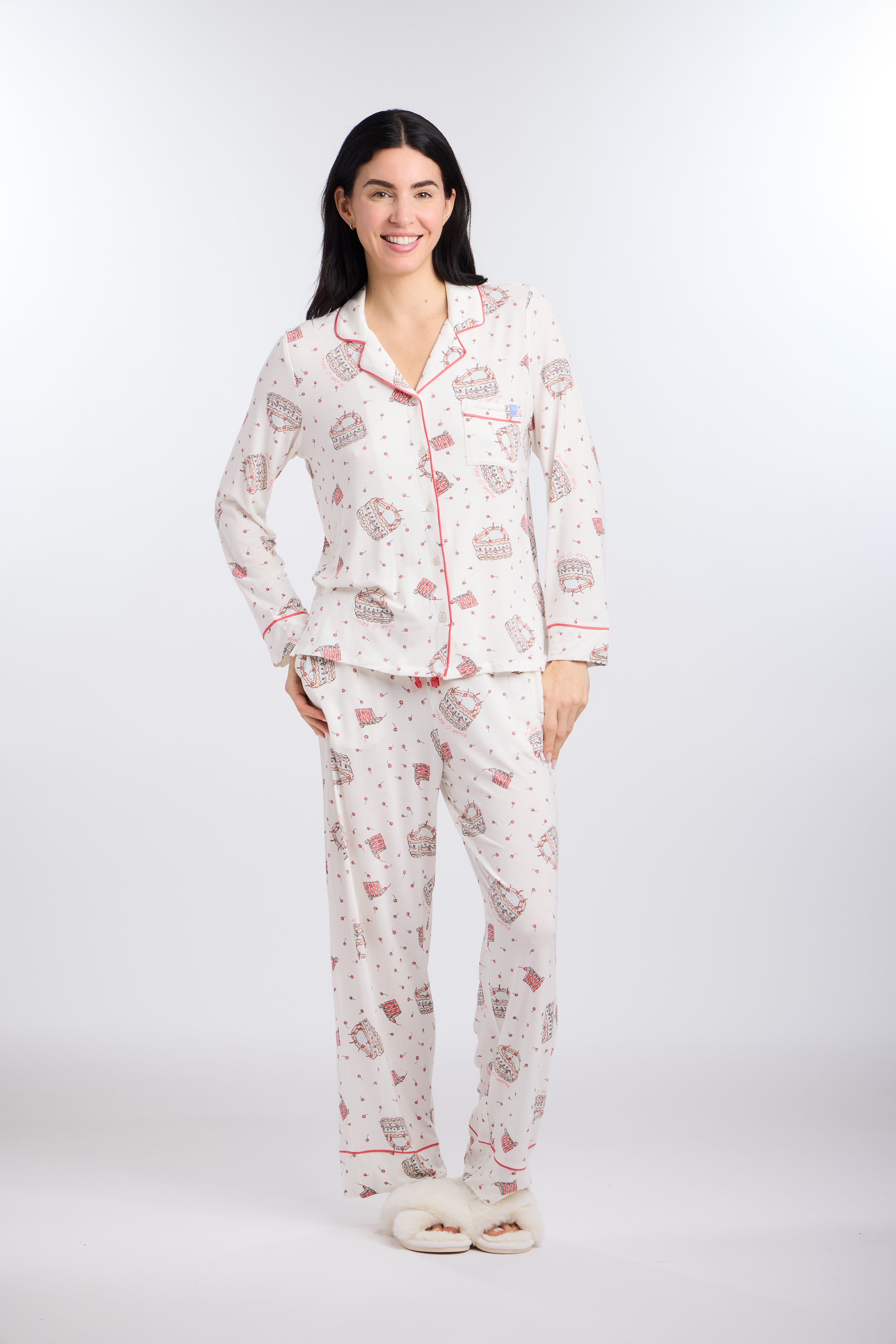 Model in long sleeve Let's Eat Cake Pajama Set by Nick & Nora