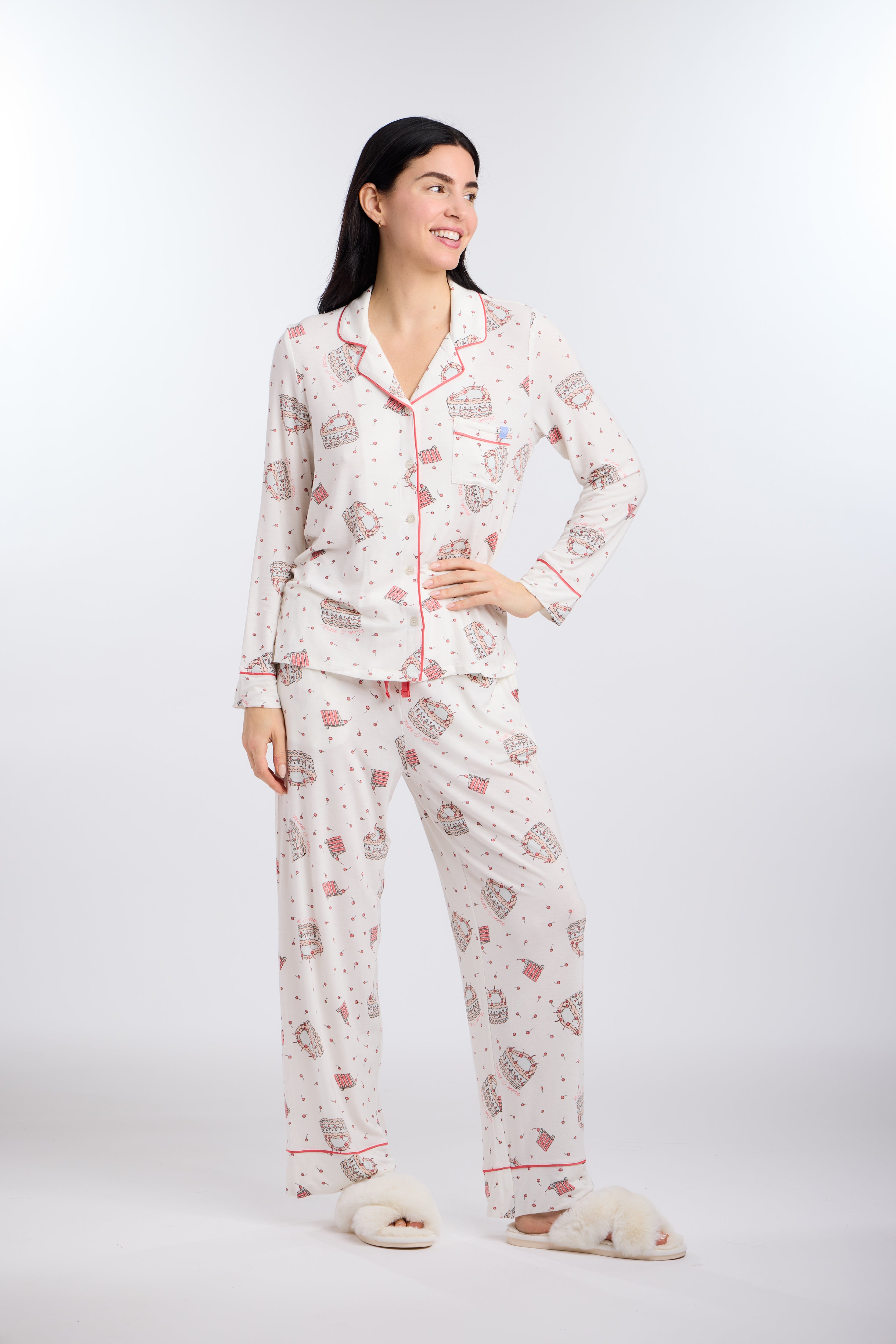 Model wearing Let's Eat Cake Long Sleeve Pajama Set by Nick & Nora
