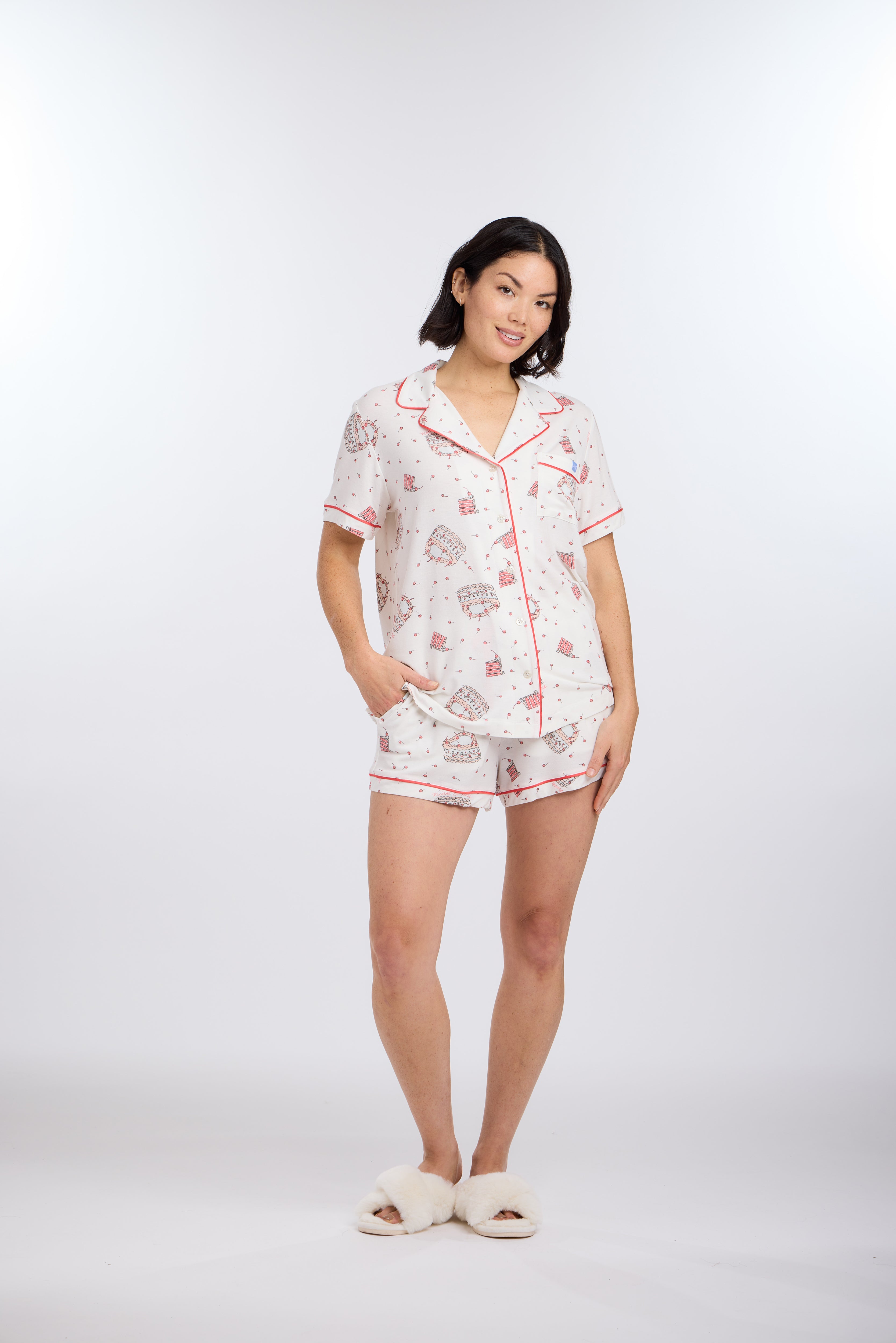 Model in short sleeve Let's Eat Cake Pajama Set by Nick & Nora