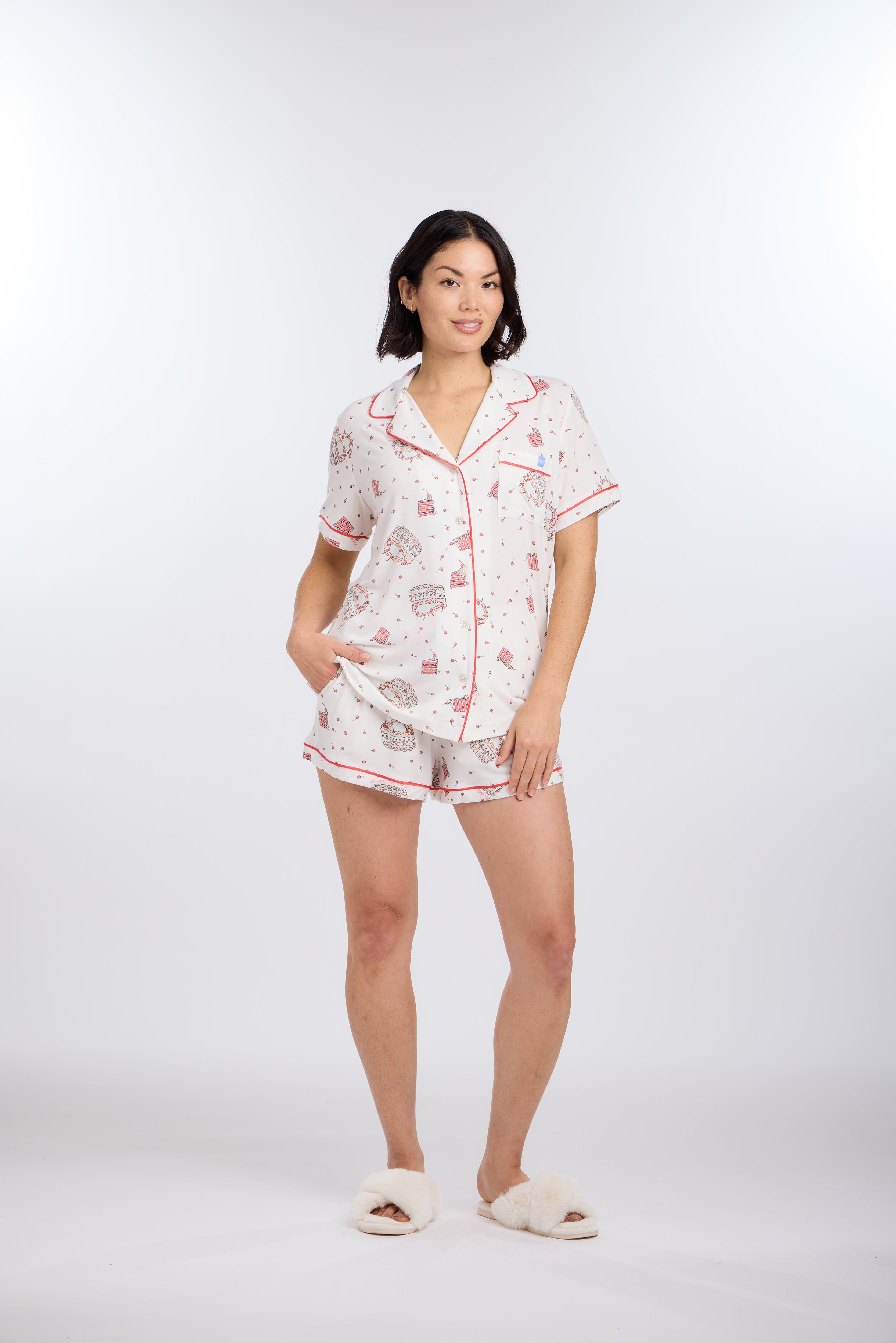 Model in short sleeve Let's Eat Cake Pajama Set by Nick & Nora