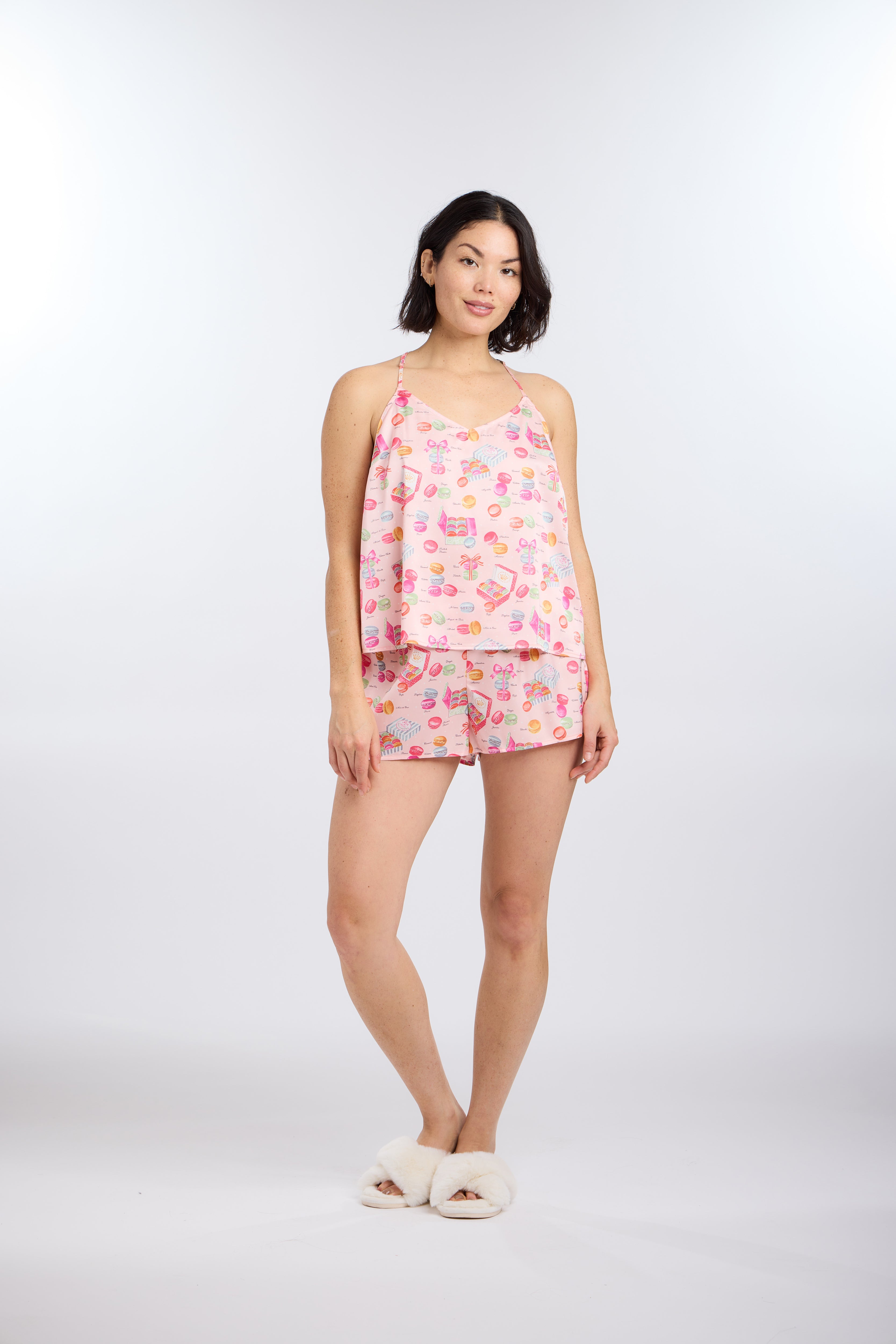 Model in Macarons Satin Classic Cami Top Sleep Pajama Set