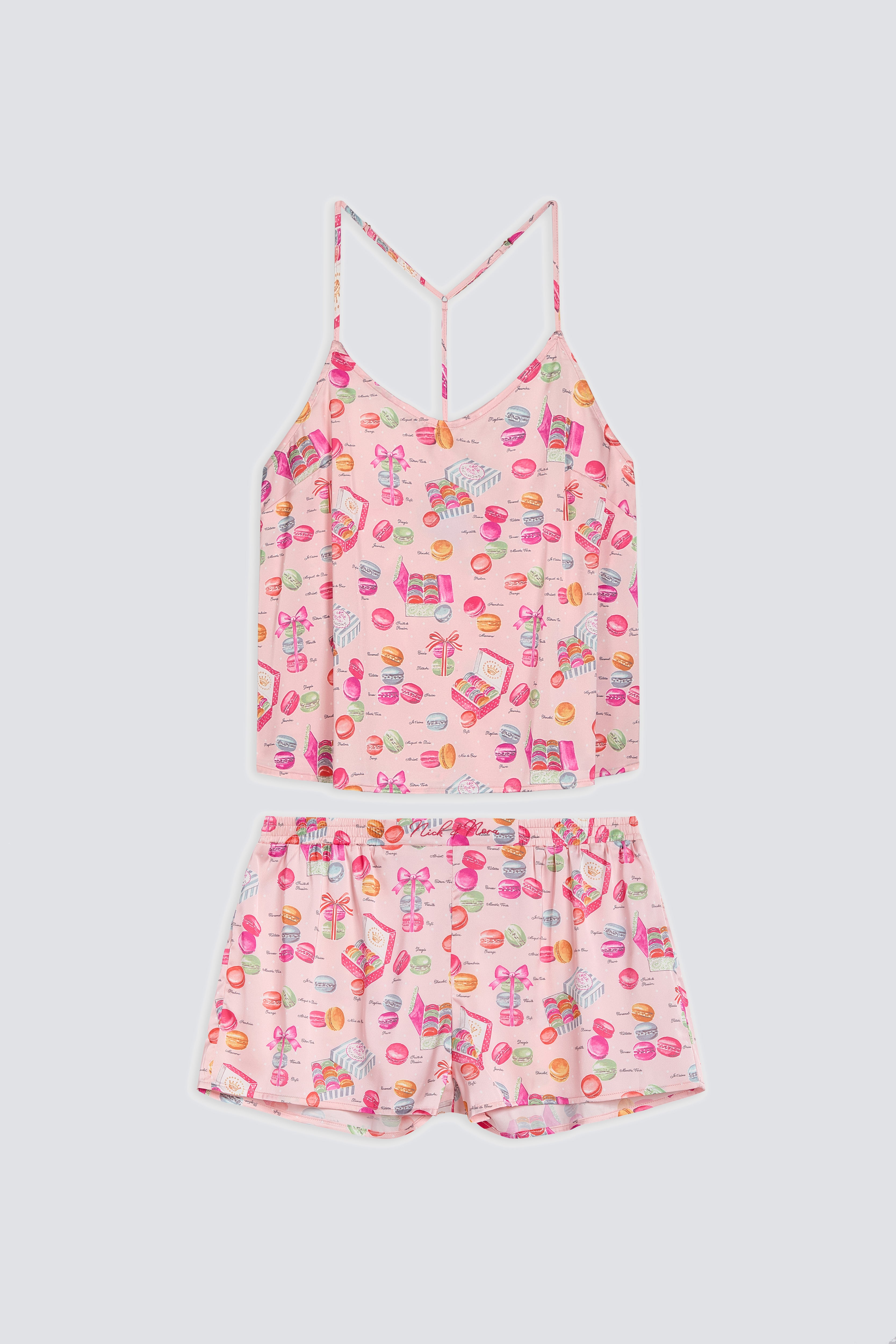 Product shot of Classic Macarons Print Cami Top Satin Sleep  Pajama Set by Nick & Nora