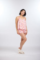Model wearing Classic Macarons Print Cami Top Sleep Pajama Set in Satin by Nick & Nora