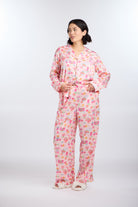 Model in Classic Macarons Satin Sleep Set with Logo Embroidery by Nick & Nora