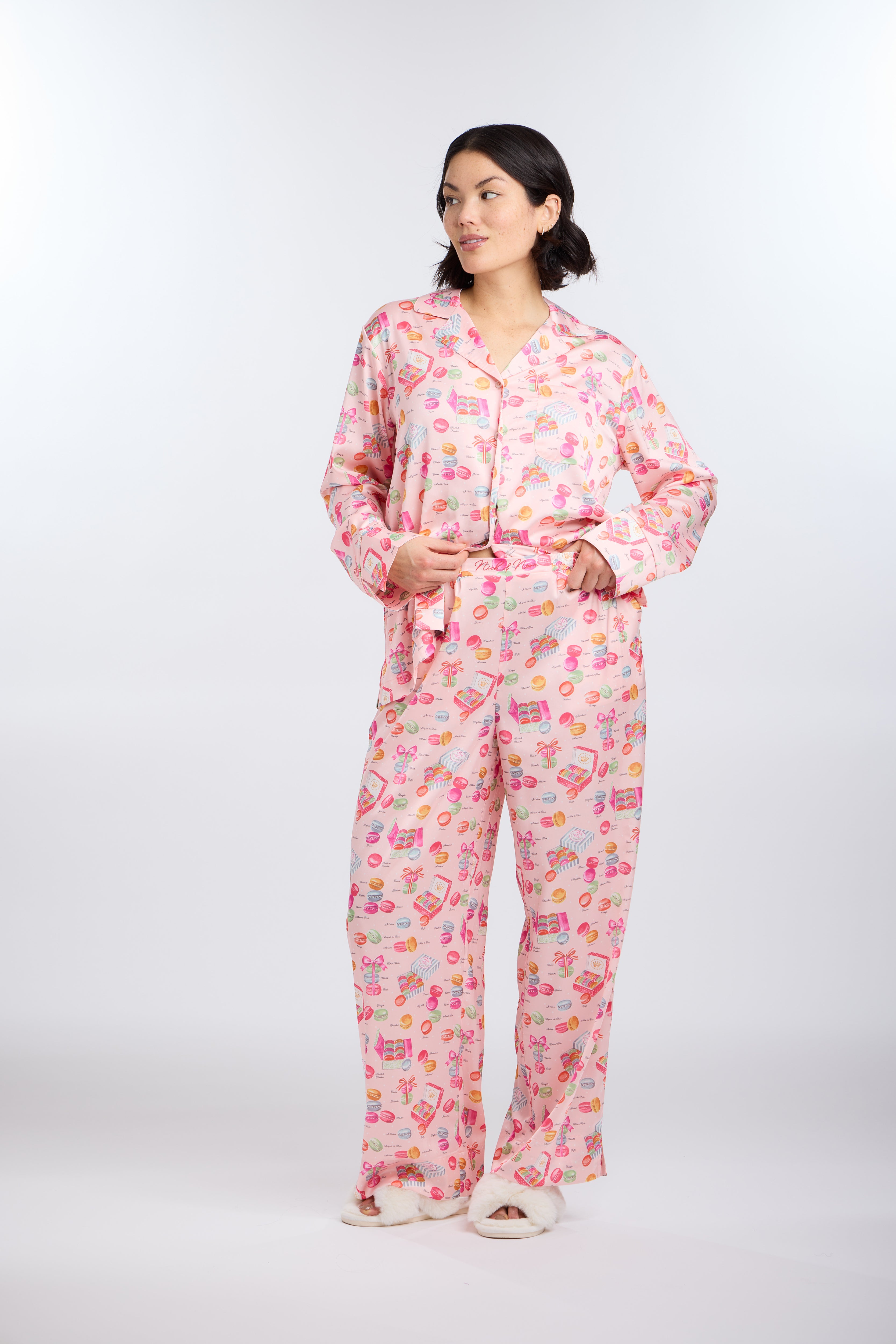 Model in Classic Macarons Satin Sleep Set with Logo Embroidery by Nick & Nora