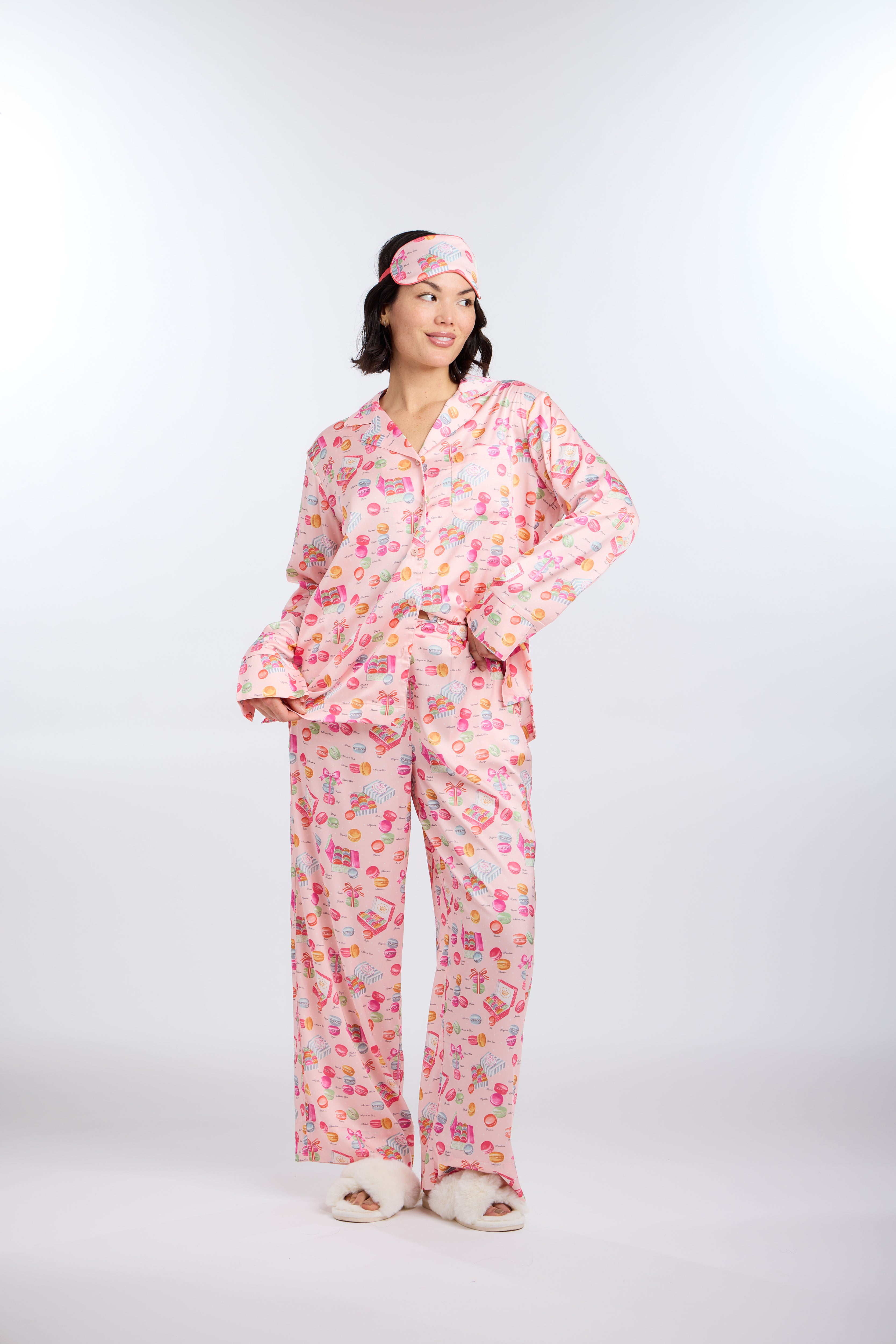 Model in Classic Macarons Long Sleeve Pajama Set with matching eye sleep mask