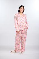 Model in long sleeve Classic Vintage Macarons Print Pajama Set by Nick & Nora