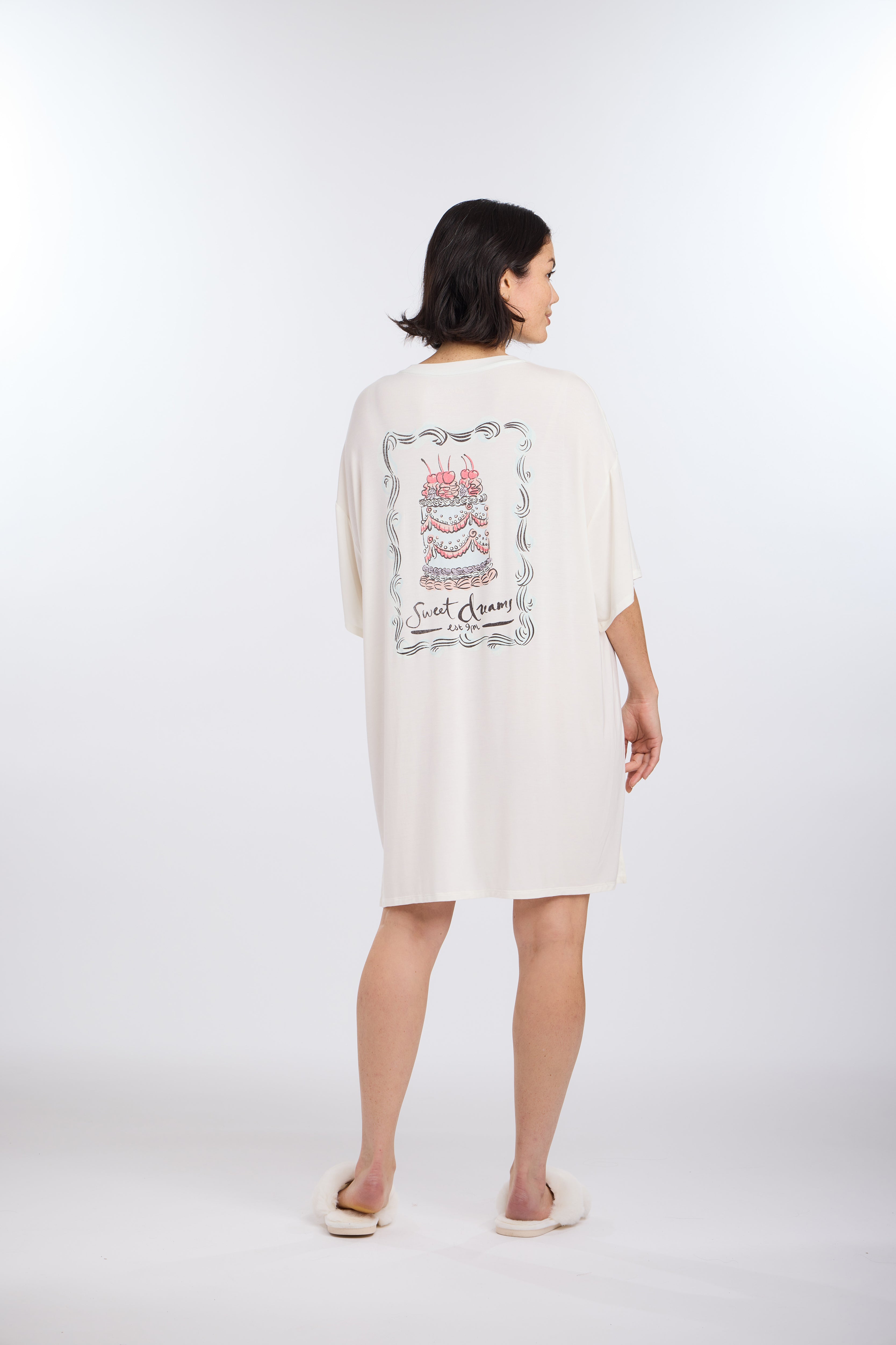 Back view of model in Sweet Dreams Oversized Sleep Tee Shirt by Nick & Nora